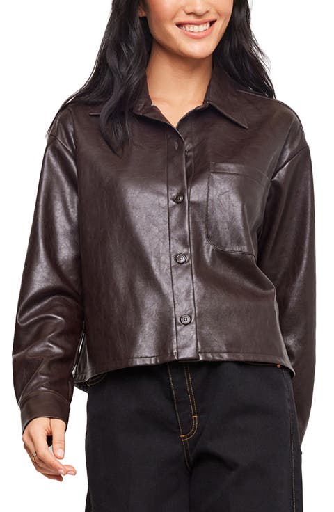 Faux Leather Buttoned Shirt Jacket