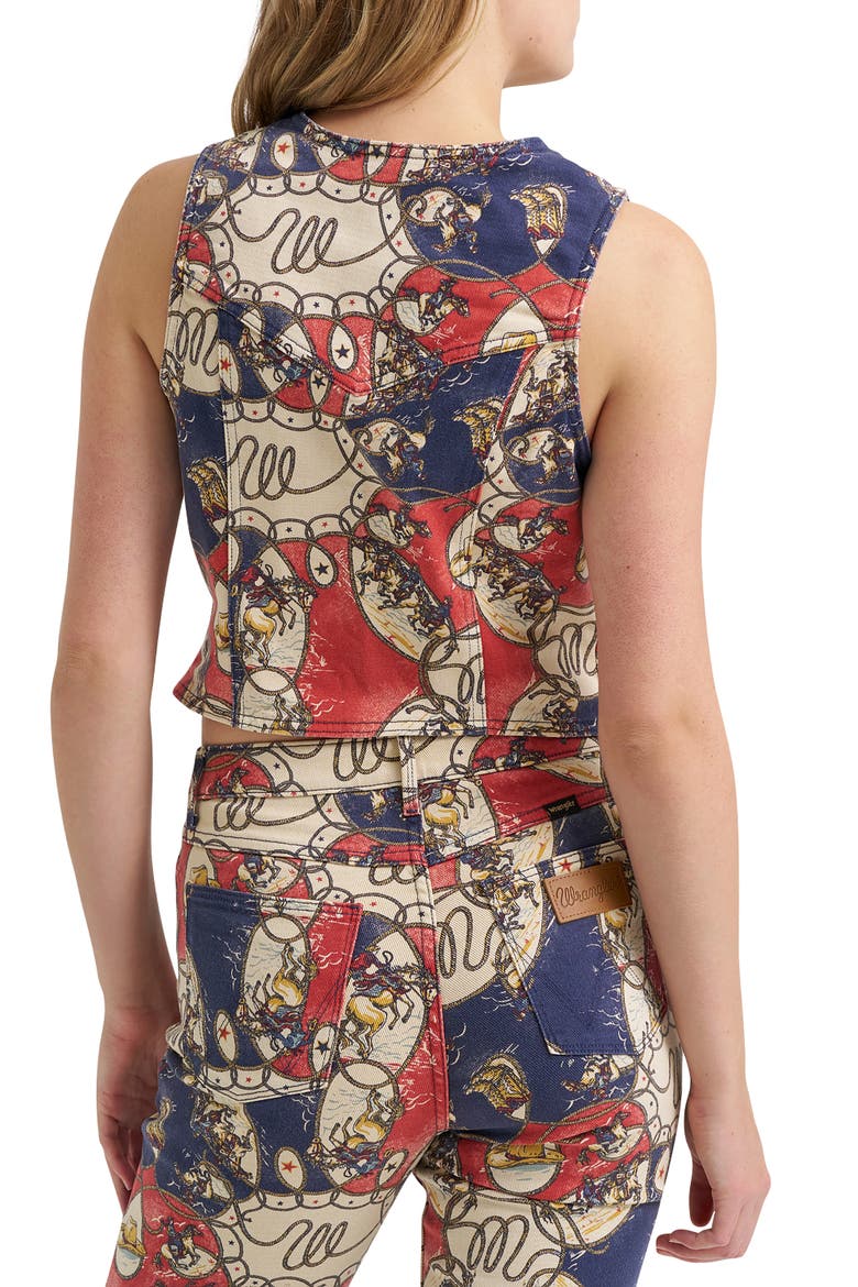 Rodeo Print Denim Western Vest, Alternate, color, RODEO ROUNDUP
