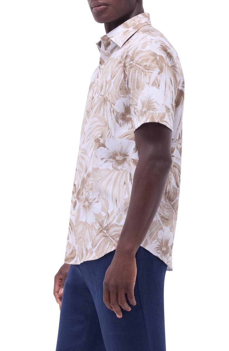Bugatchi Orson Trim Fit Floral Short Sleeve Stretch Cotton Button-Up Shirt, Alternate, color, Camel