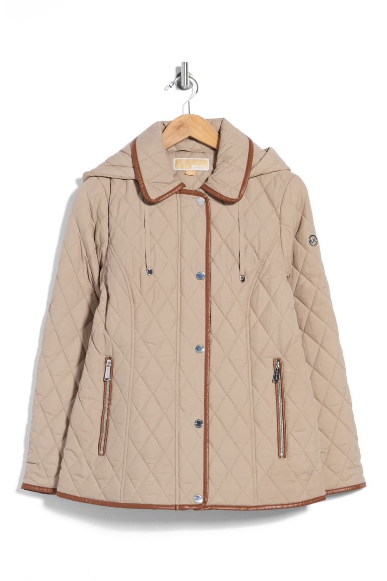 Quilted Hooded Jacket with Faux Leather Trim, Alternate, color, TAUPE