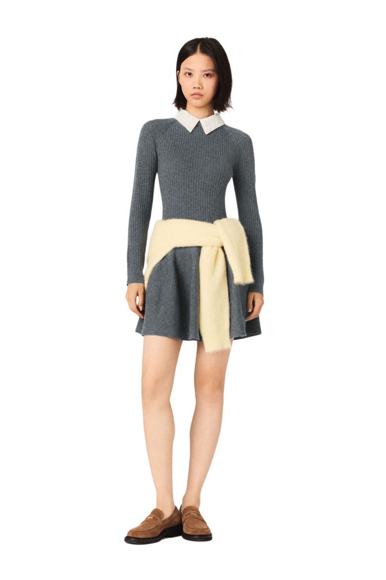 Beaded-collar short knit dress, Alternate, color, Grey