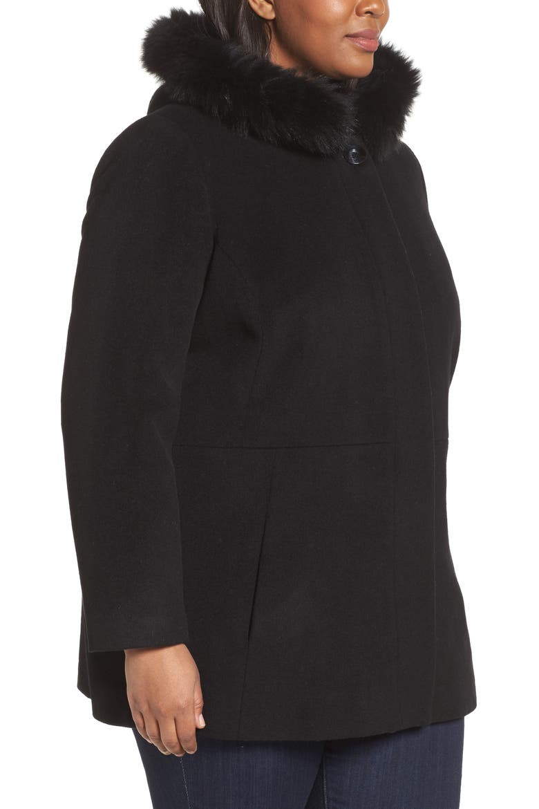 Genuine Fox Fur Trim Hooded Wool Blend Jacket, Alternate, color, BLACK