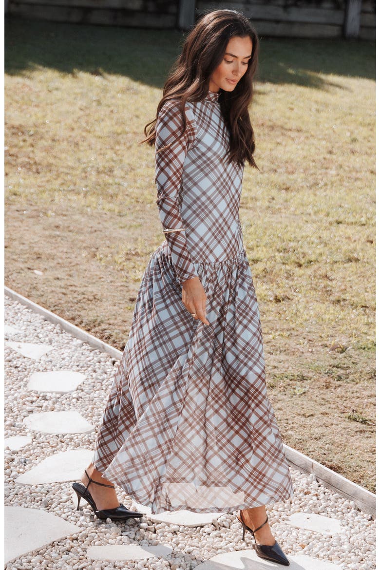 Odilia Plaid Long Sleeve Mesh Maxi Dress, Alternate, color, BLUE PLAID