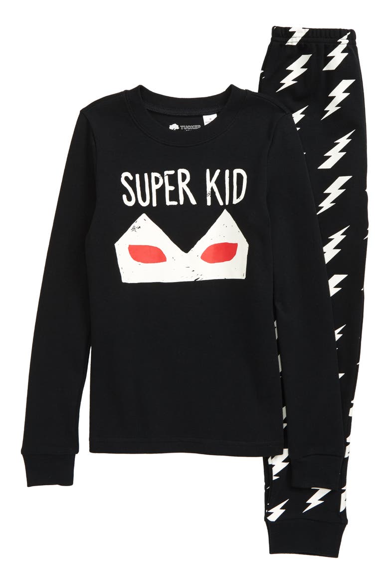 Glow in the Dark Fitted Two-Piece Pajamas, Main, color, BLACK GLOW SUPER KID