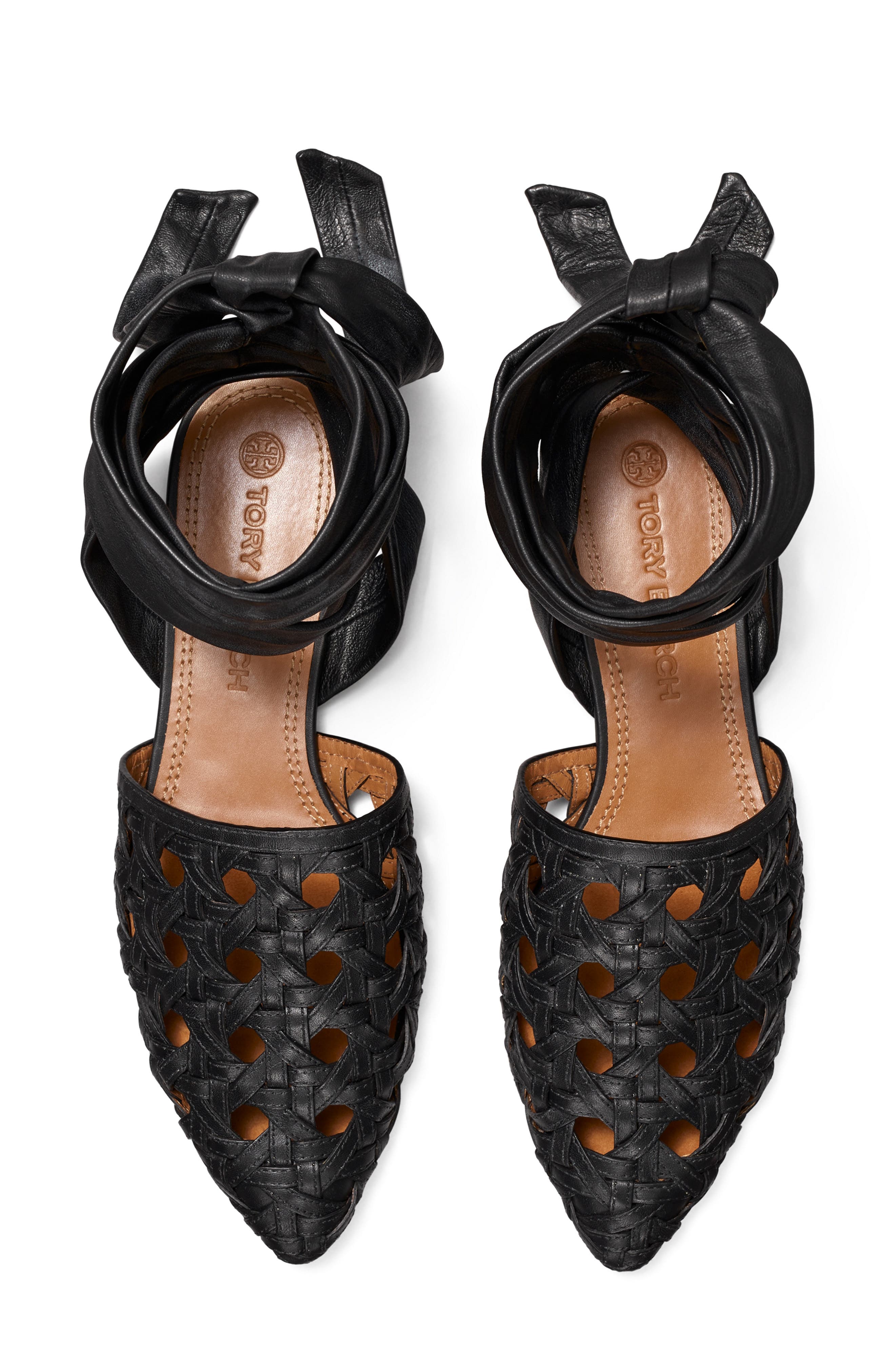 Tory Burch Basketweave Ankle Tie Pointed Toe Flat, Alternate, color, 