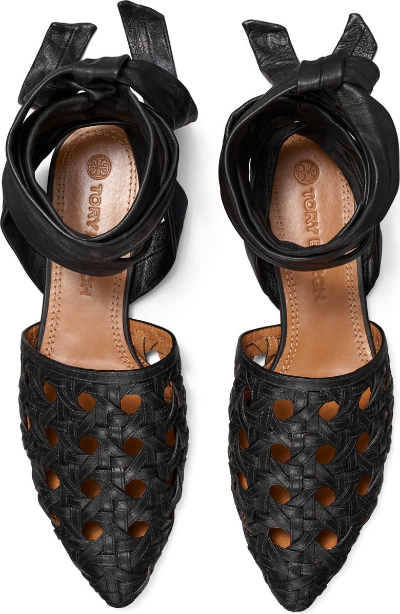 Tory Burch Basketweave Ankle Tie Pointed Toe Flat, Alternate, color,