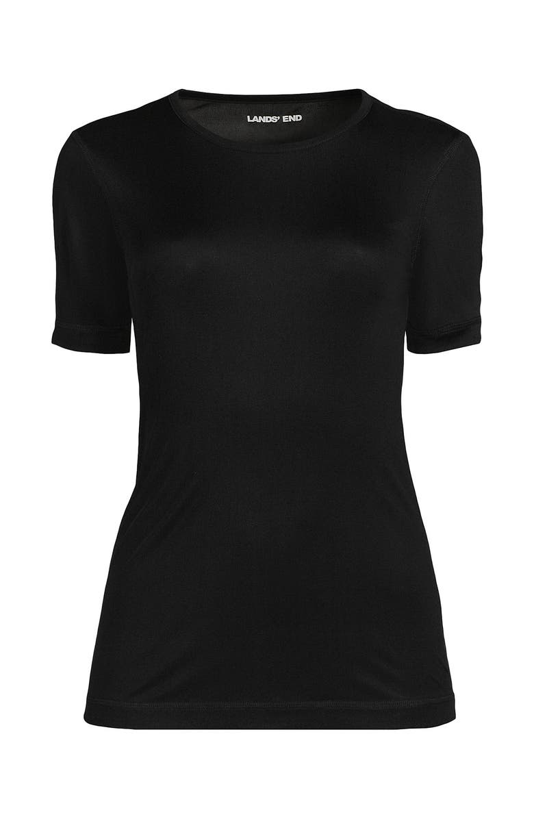 Lands' End Womens' Silk Interlock Short Sleeve Crewneck Long Underwear Thermal Baselayer Top, Alternate, color, Black