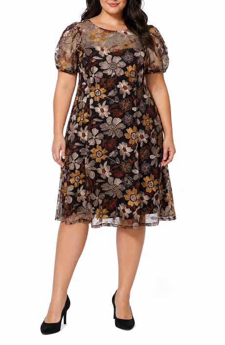 Embroidered Puff Sleeve Fit & Flare Dress