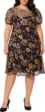 Oleg Cassini Embroidered Puff Sleeve Fit & Flare Dress