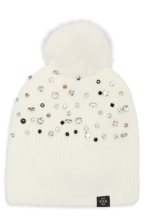 Studded Beanie with Faux Fur Pom