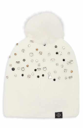 Studded Beanie with Faux Fur Pom