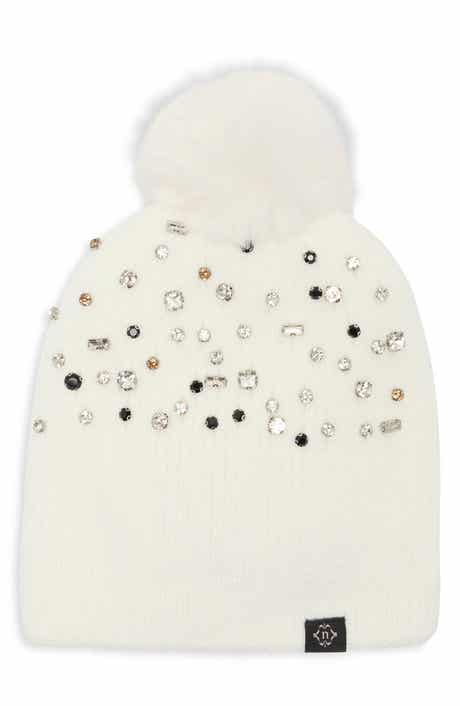 Studded Beanie with Faux Fur Pom
