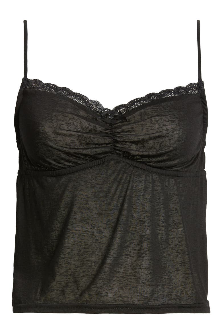 Carla Ruched Lace Trim Camisole, Alternate, color, BLACK