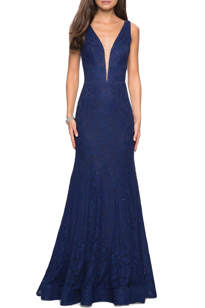 Plunge Neck Sparkle Lace Mermaid Gown, Main, color, NAVY