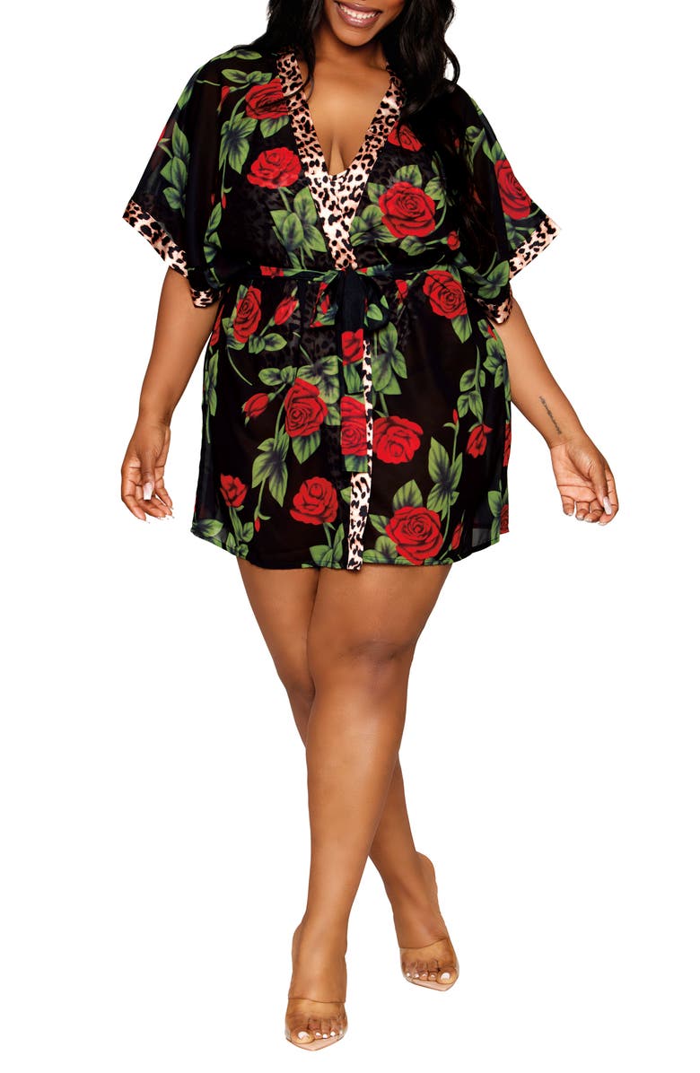 Dreamgirl Leopard Print Teddy & Robe Set, Alternate, color, Leopard/ Rose