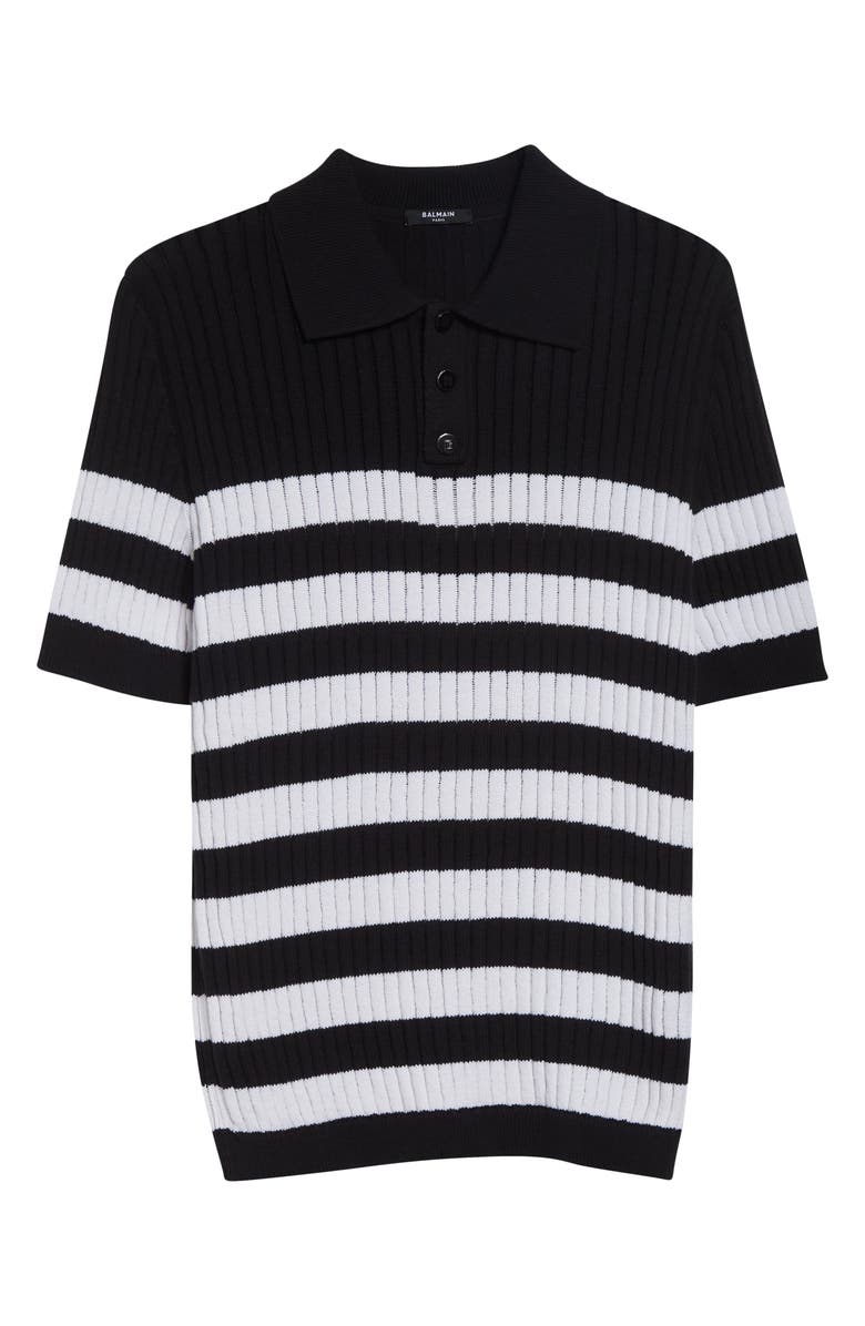 Balmain Mariner Cotton Blend Ribbed Polo Sweater, Alternate, color, Eab Blk/ White