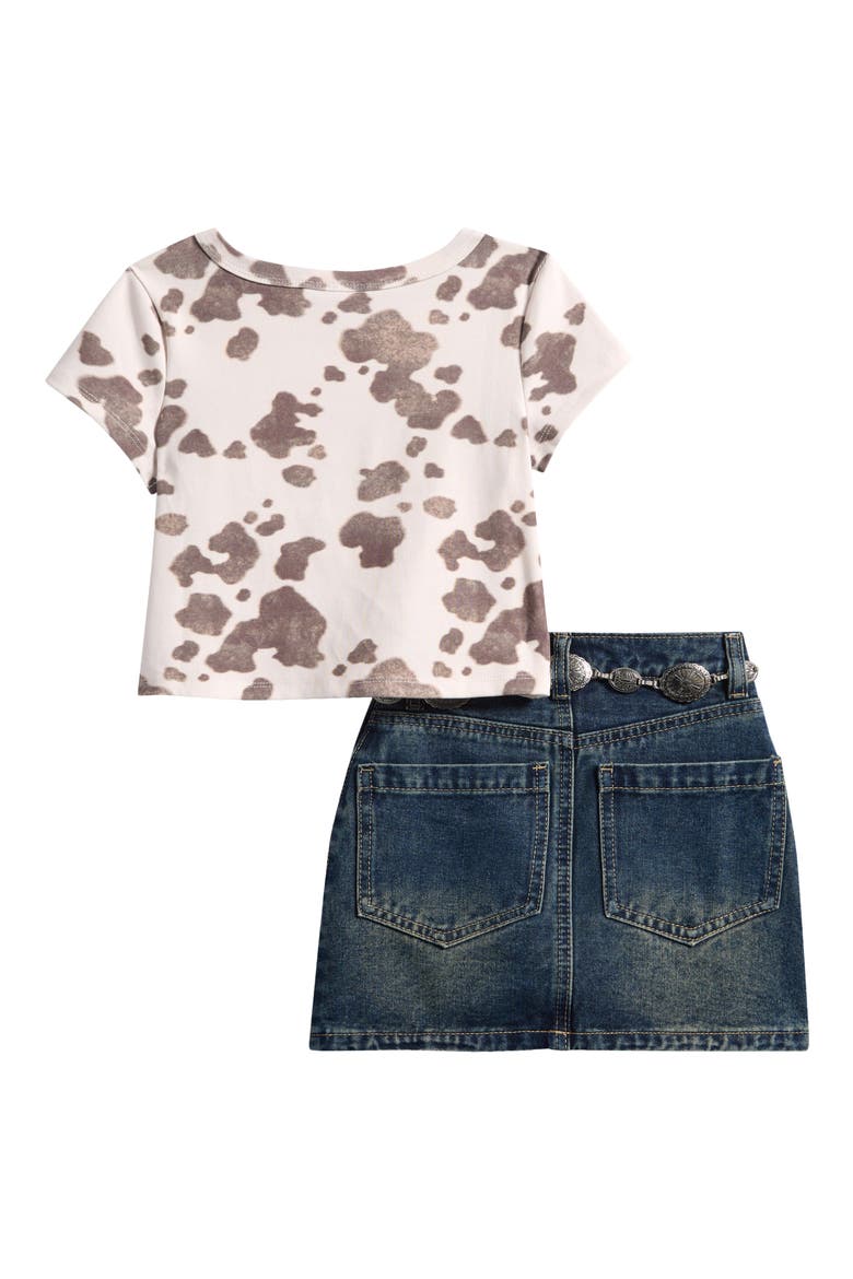 Kids' Cow Graphic T-Shirt, Denim Skirt & Belt Set, Alternate, color, BROWN