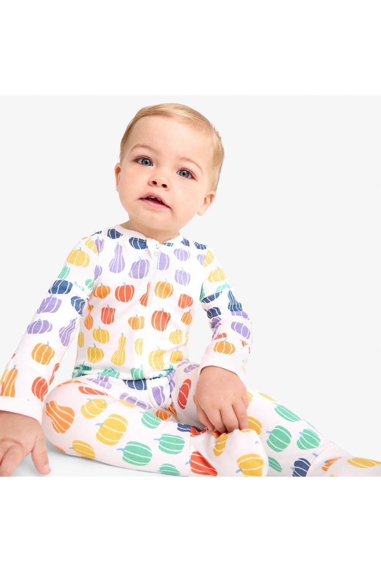 Baby Organic Zip Footie In Fall Prints, Alternate, color, Ivory Rainbow Pumpkin Patch