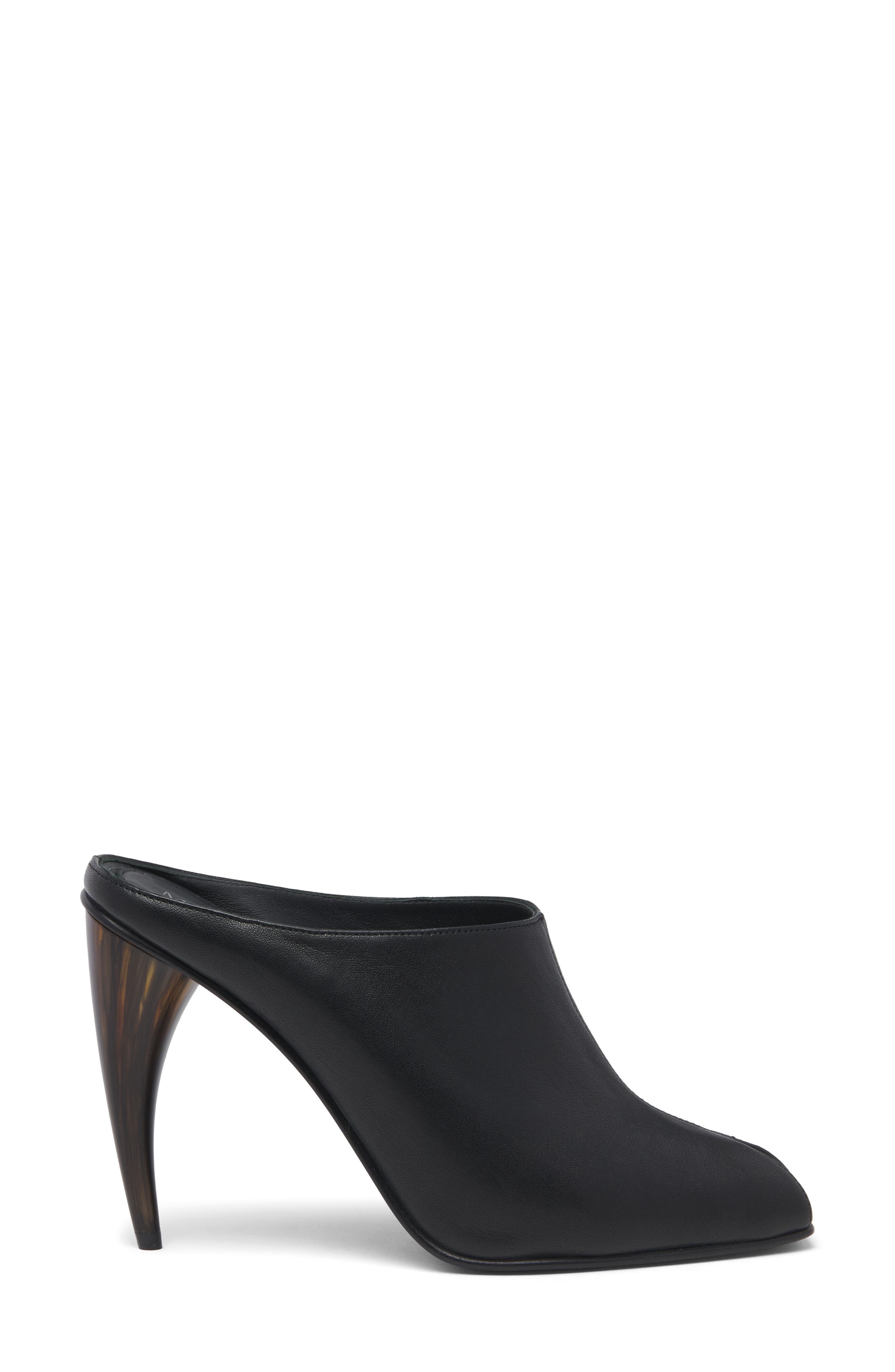 McQueen Horn Shaped Heel Peep Toe Mule, Alternate, color, Black