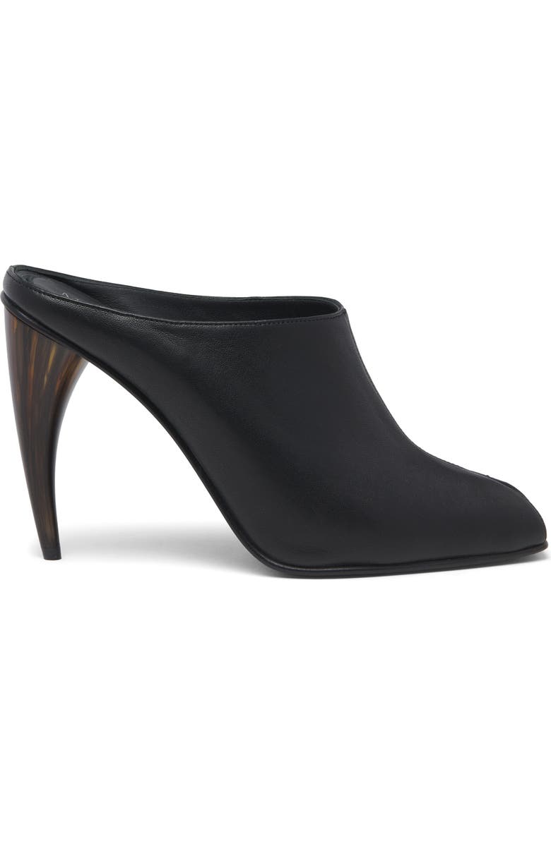 McQueen Horn Shaped Heel Peep Toe Mule, Alternate, color, Black