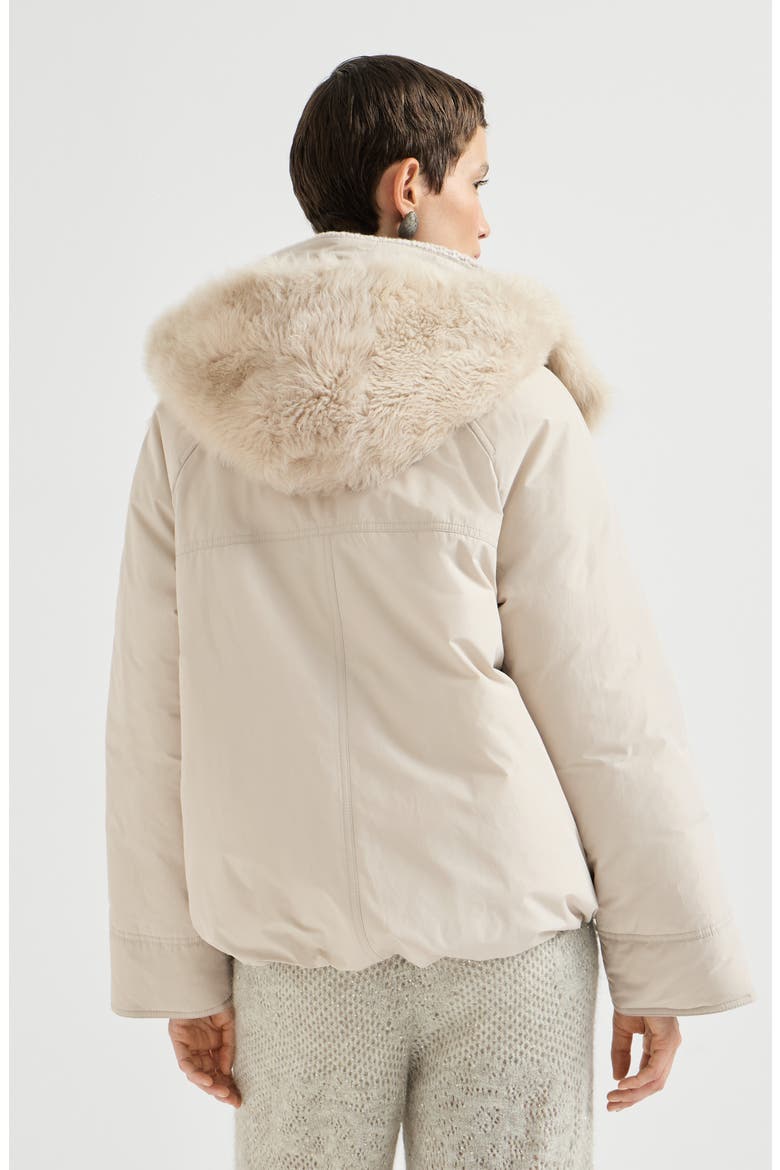 Techno cotton water-resistant taffeta down parka with detachable shearling hood and shiny zipper pull, Alternate, color, Cool Beige