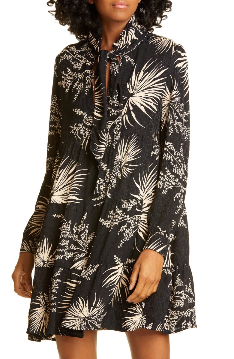 ba&sh Eugenie Floral Tie Neck Long Sleeve Babydoll Dress, Alternate, color, 