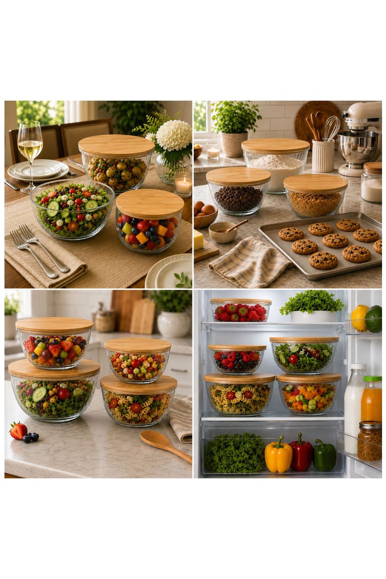 4-Piece Glass Bowl Set with Bamboo Lids, Alternate, color, NO COLOR