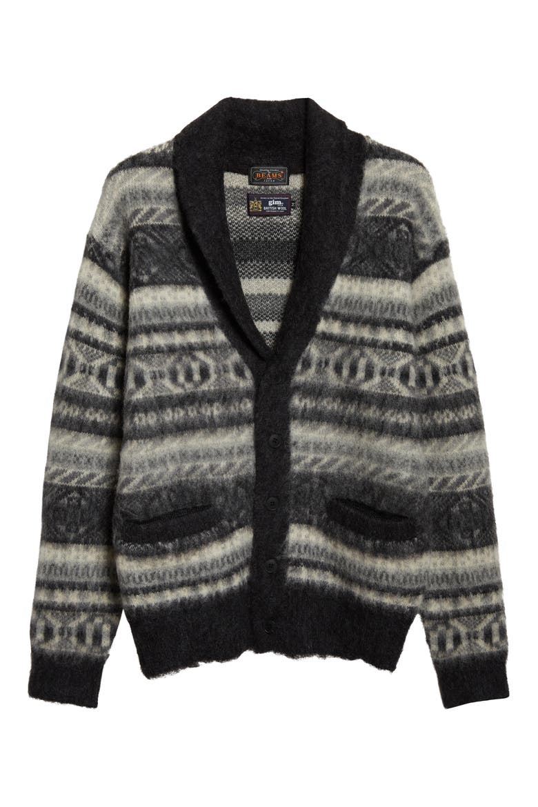 Shaggy Fair Isle Shawl Collar Cardigan, Alternate, color, CHARCOAL GRAY