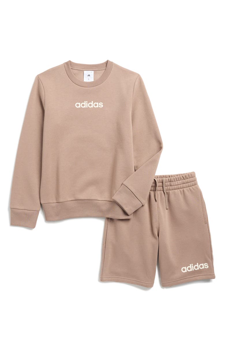 adidas Kids' Fleece Sweatshirt & Shorts Set, Main, color, Chalky Brown