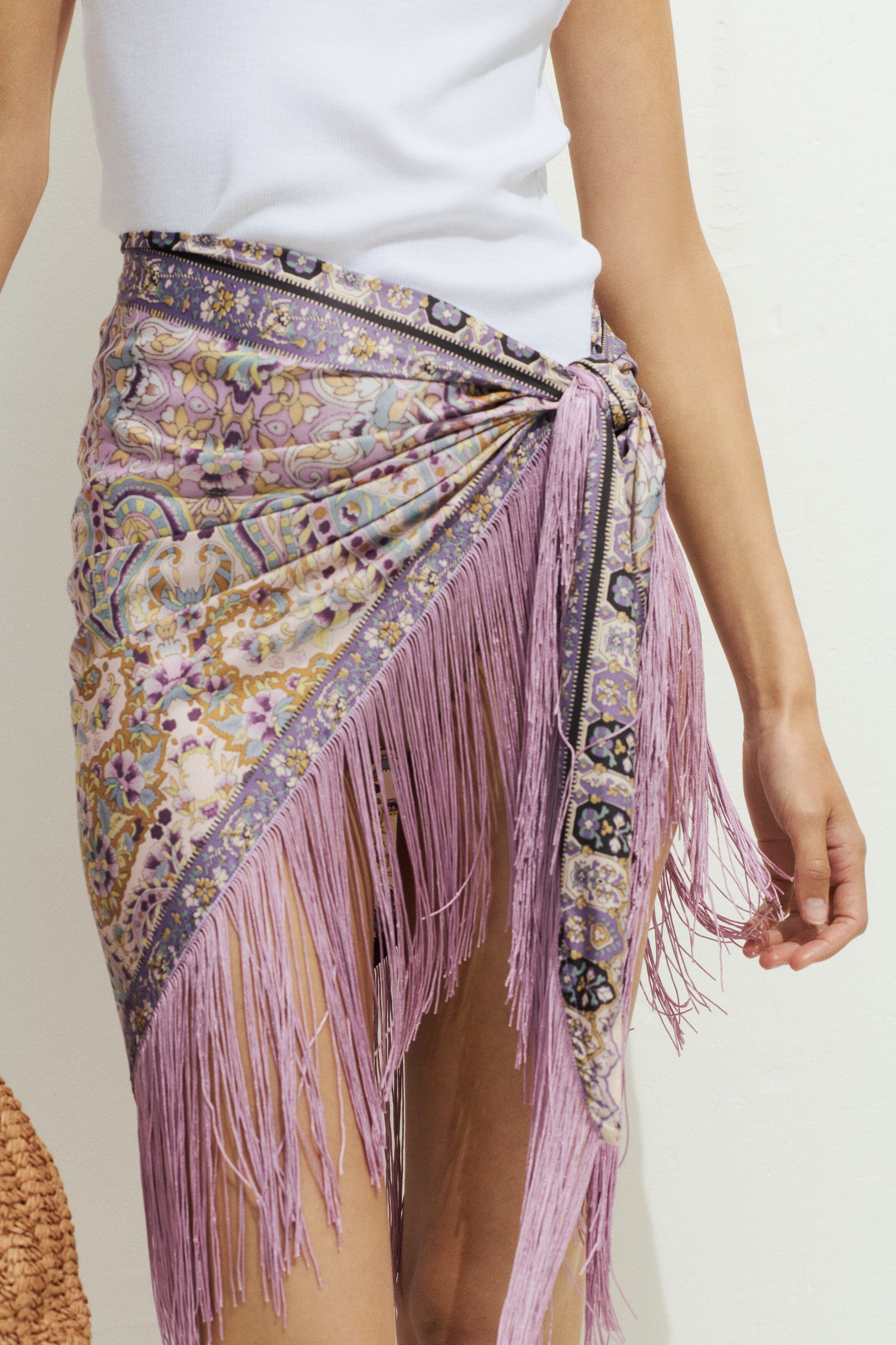 H&M Fringed Satin Hip Scarf, Alternate, color, Dusty Purple/Paisley