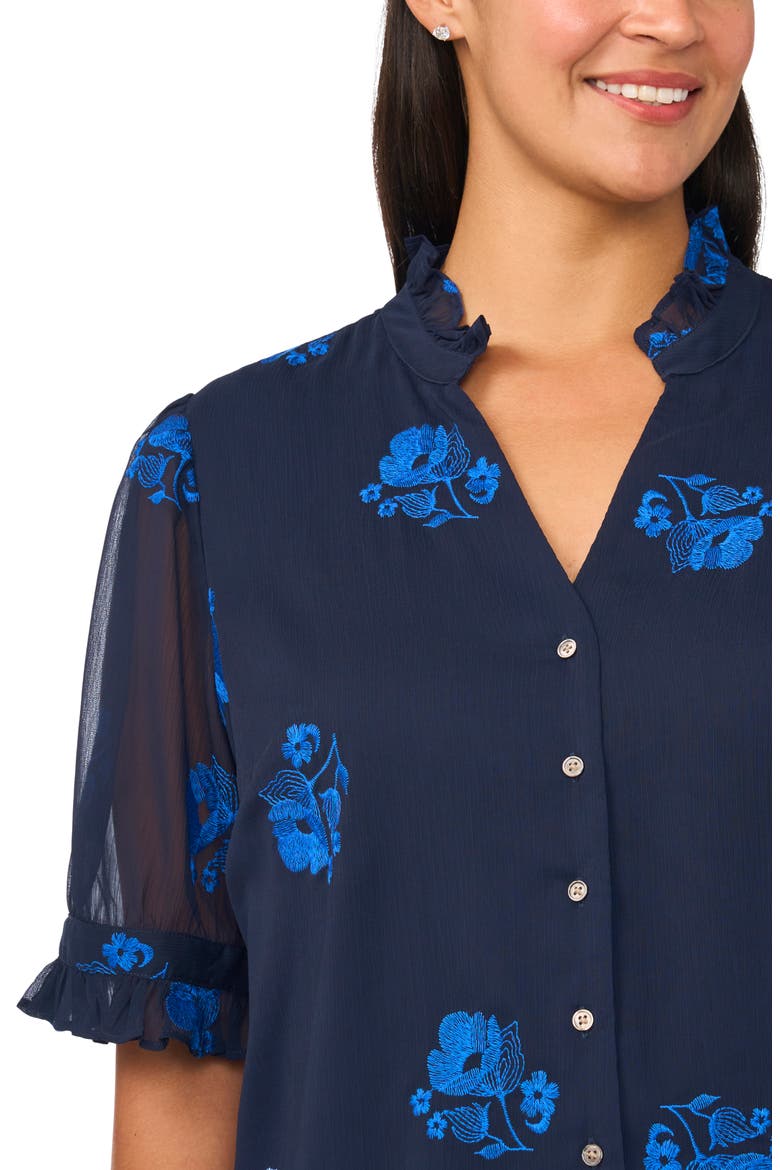 Ruffled V-Neck Elbow Sleeve Button Down Shirt, Alternate, color, CLASSIC NAVY
