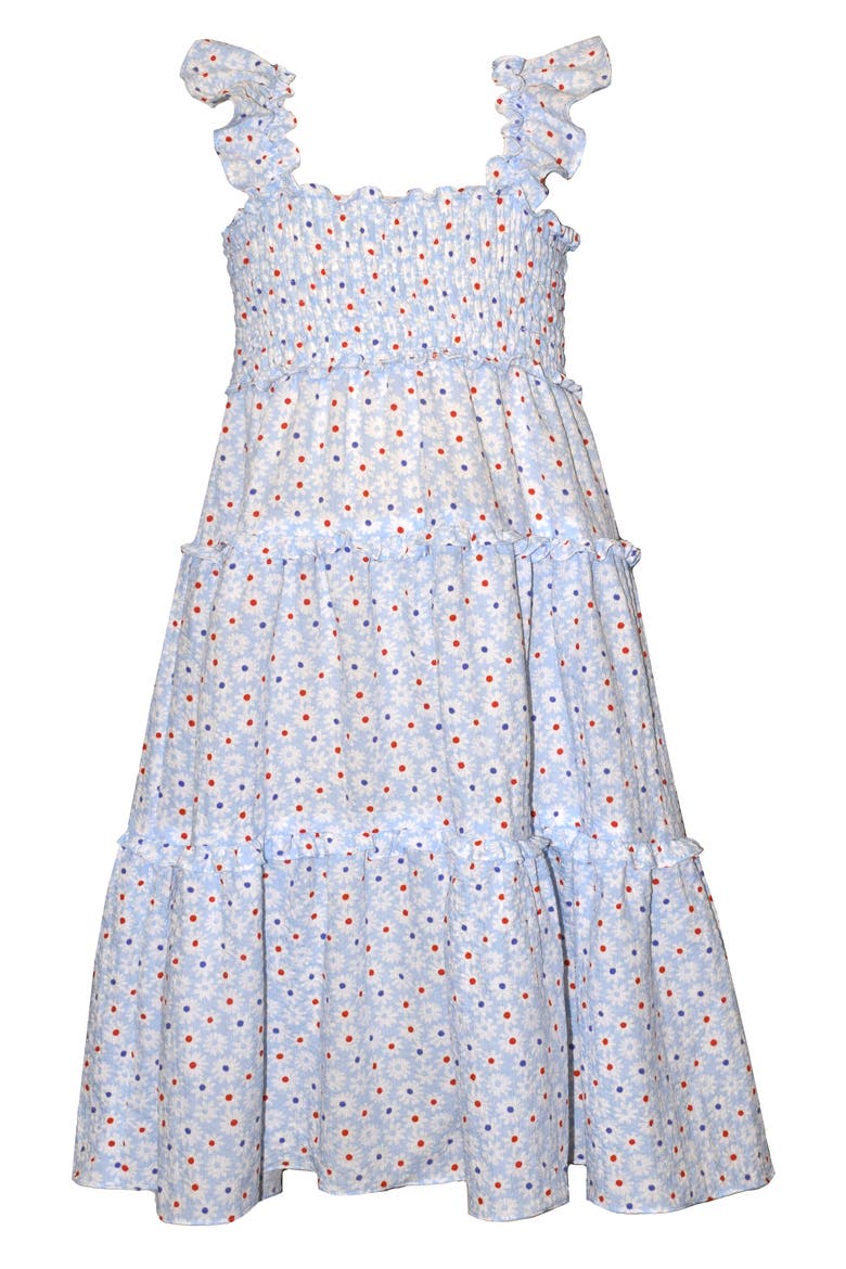 Kids' Ditsy Floral Flutter Sleeve Tiered Dress, Main, color, BLUE