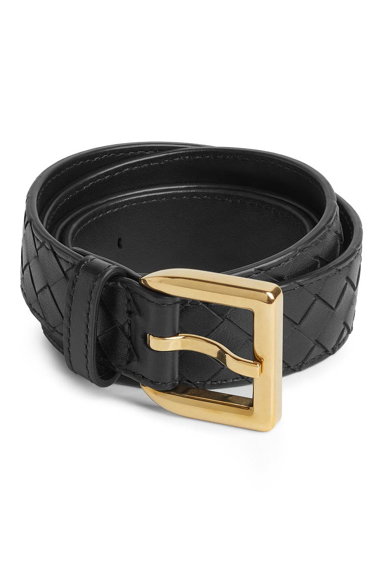 Cintura Intrecciato Leather Belt, Main, color, 1019 BLACK-M BRASS