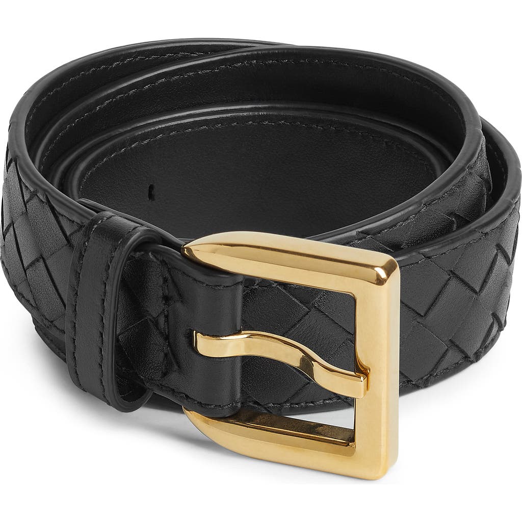 Bottega Veneta Cintura Intrecciato Leather Belt In 1019 Black-m Brass