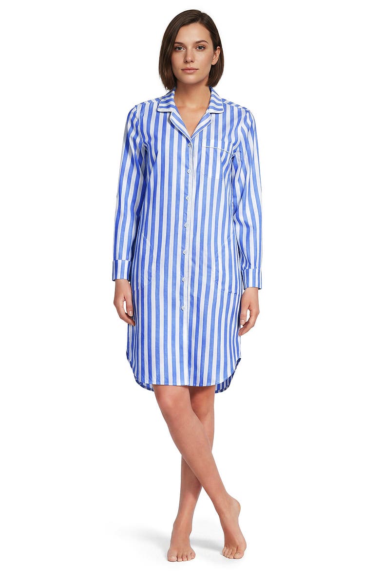 Cotton Poplin Long Sleeve Sleepshirt Nightgown, Main, color, Muted Cobalt Blue Stripe