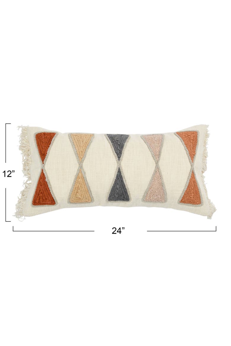 Embroidered Cotton Lumbar Pillow with Fringe, Terracotta Multicolor, Alternate, color, Orange