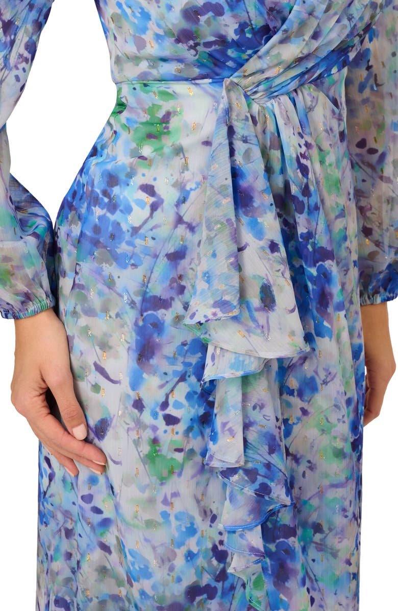 Adrianna Papell Floral Metallic Long Sleeve Chiffon High-Low Dress, Alternate, color,
