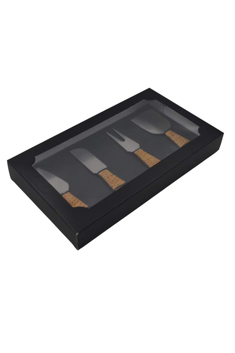 Artifacts Rattan Stainless-Steel Cheese Knives (Set of 4) - with Gift Box, Alternate, color, Honey Brown