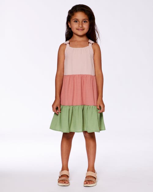 Deux Par Deux Little Girl's Tiered Color Block Peasant Dress Peach Pink And Green In Peach Pink And Green