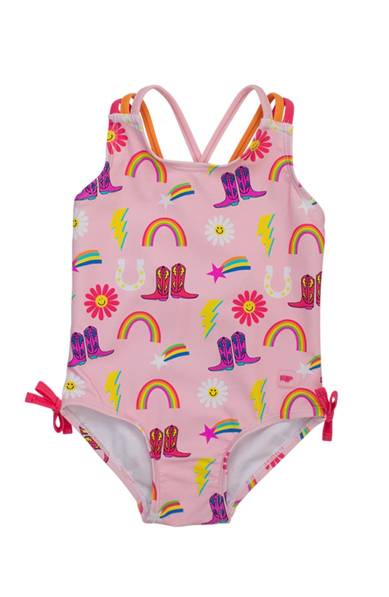 RuffleButts Girls UPF50+ Sun Protected Cross-Back One Piece, Main, color, Cowgirl Cutie