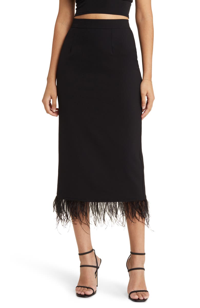 WAYF Kismet Feather Trim Midi Skirt, Main, color, 