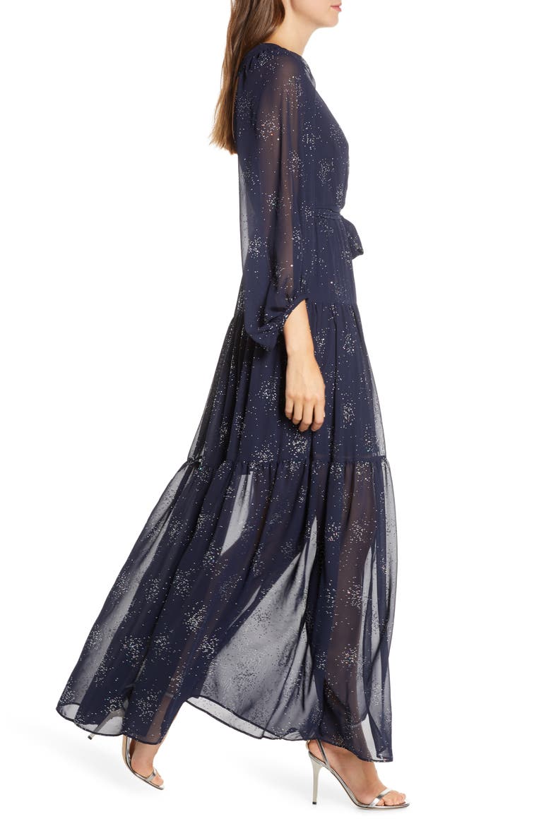 Long Sleeve Glitter Chiffon Maxi Dress, Alternate, color, NAVY