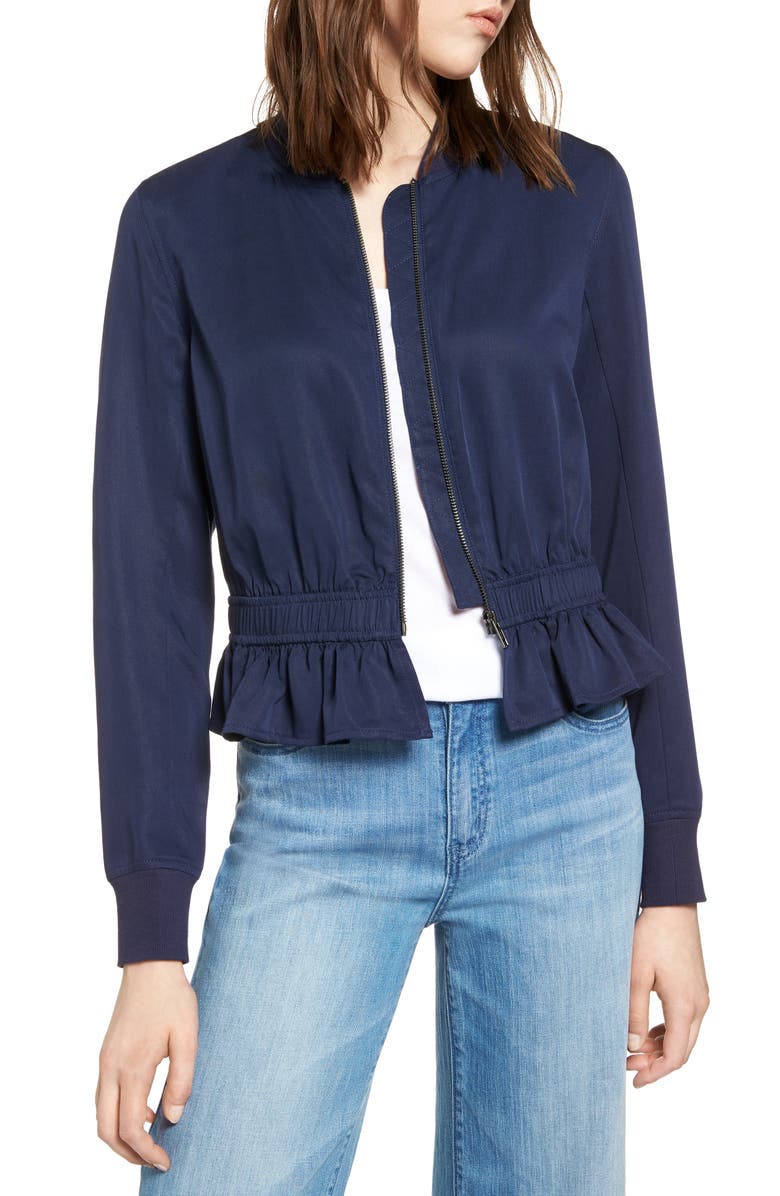 Halogen<sup>®</sup> Ruffle Hem Zip Front Jacket, Main, color,