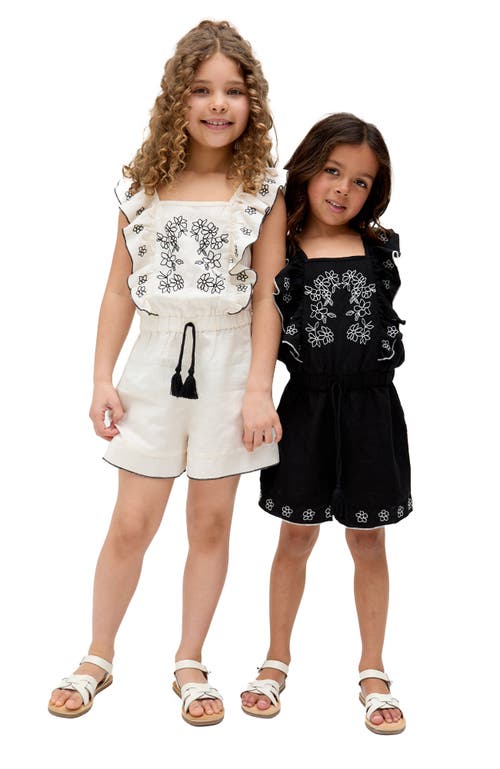 Raffya Kids Philo Ruffle Neck Embroidered Romper In Sand