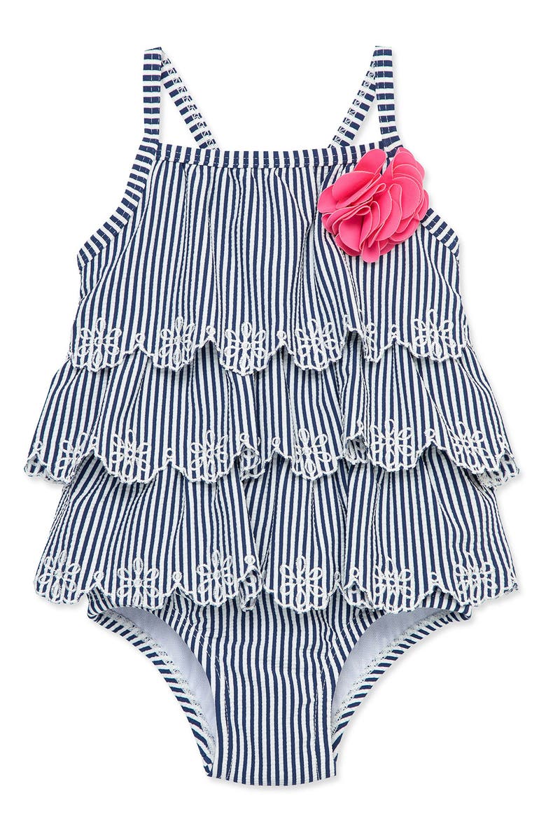 Little Me Kids' Tiered Ruffle Stripe One-Piece Swimsuit, Main, color, Navy