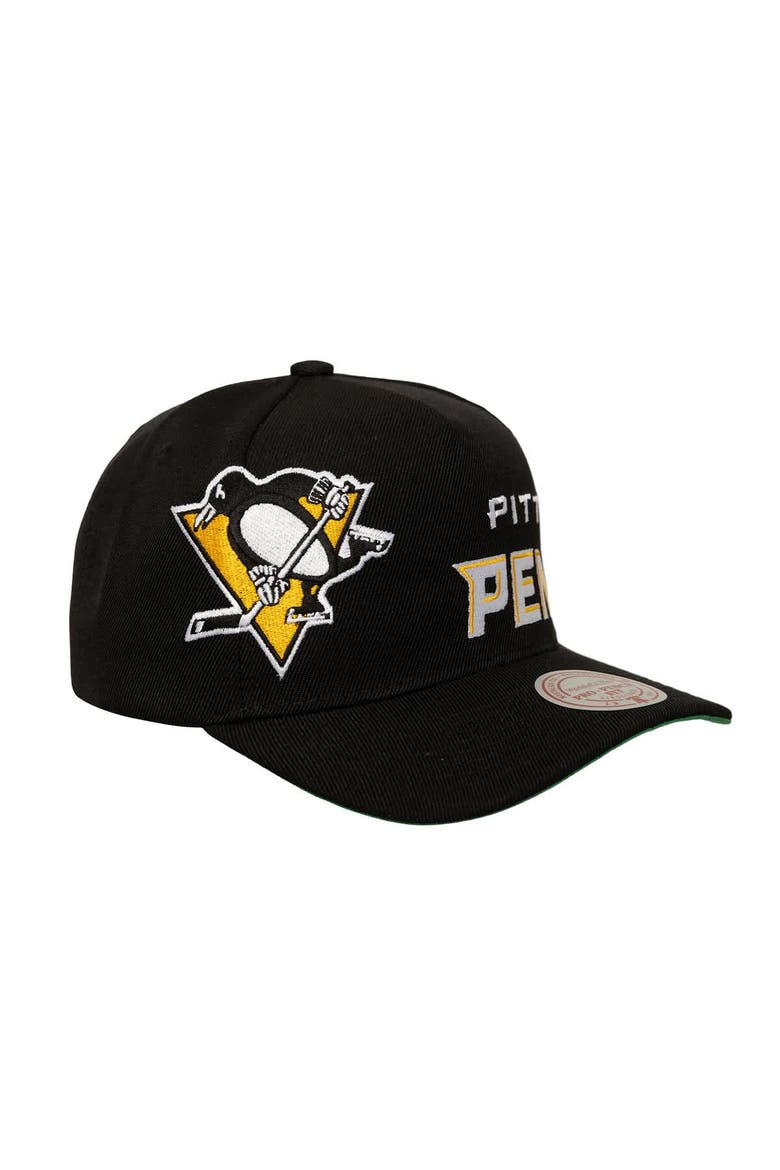 Men's Mitchell & Ness  Black Pittsburgh Penguins Busted Logo Wordmark Wrap-Around Pro Pinch Adjustable Hat, Alternate, color, Black