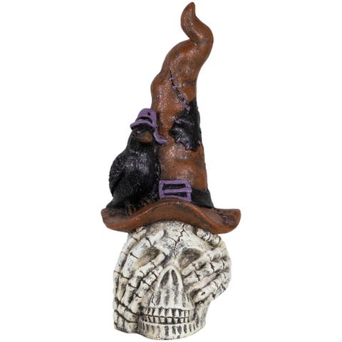 Skull in Witches Hat with Crow Halloween Decoration - 22.75"