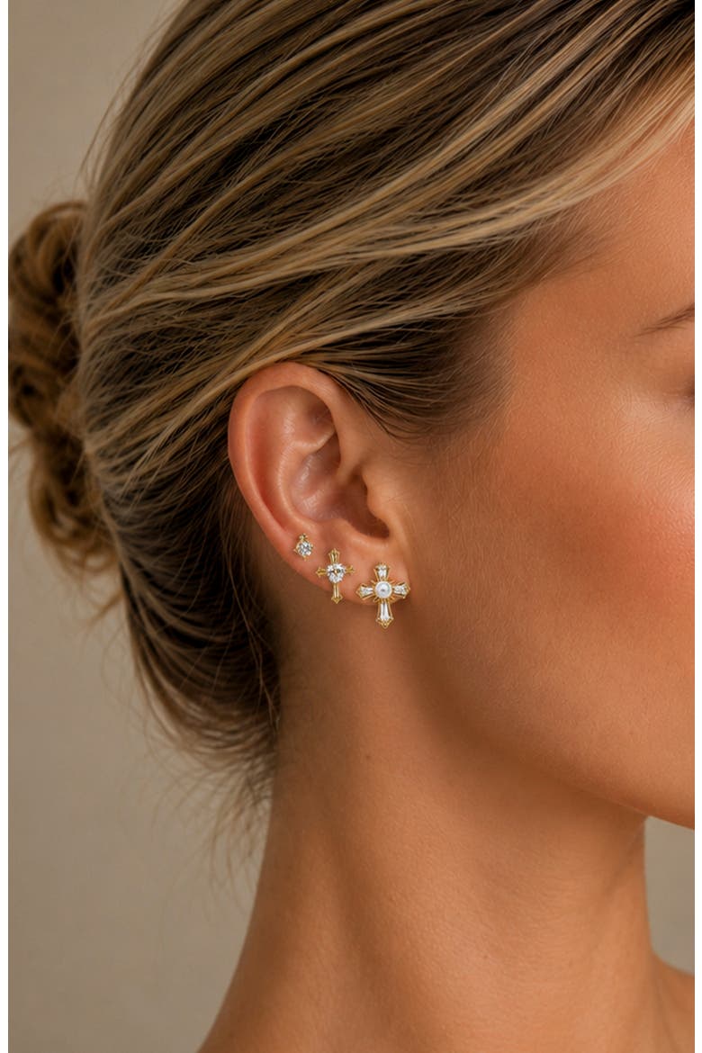Set of 3 Crystal Cross Stud Earrings, Alternate, color, GOLD