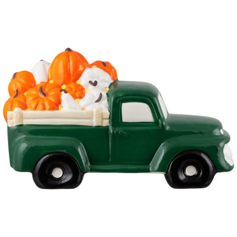 LED Lighted Pumpkin Hauling Vintage Truck Ceramic Fall Harvest Figure - 9.5"