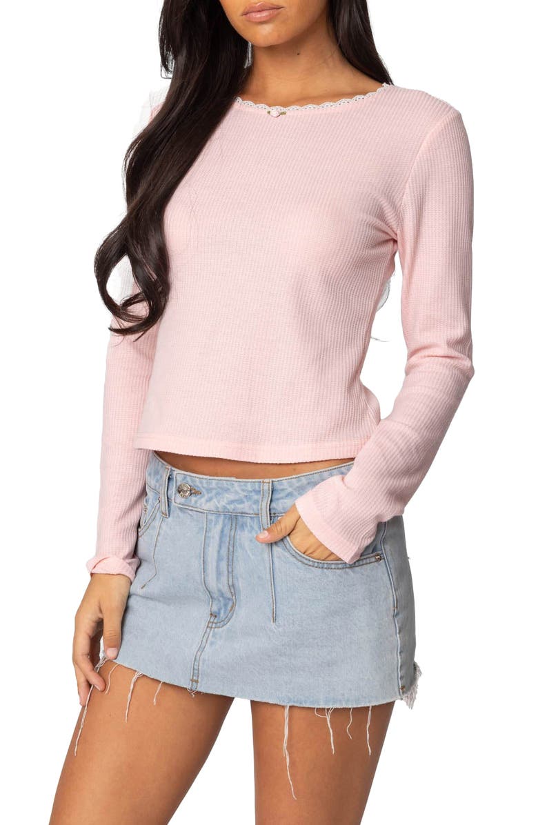 EDIKTED Rosemarie Waffle Knit Long Sleeve Top, Alternate, color, Pink